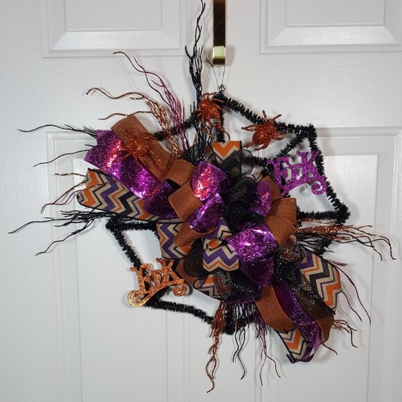 Halloween Orange Black Purple Glittered EEK Black Tinsel Spider Web Wreath - Picture 2 of 12